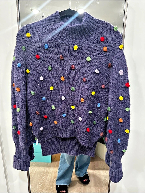 FARM Rio Sweaters - FARM Rio Pom Dot Sweater Purple & Multicolor Size Small